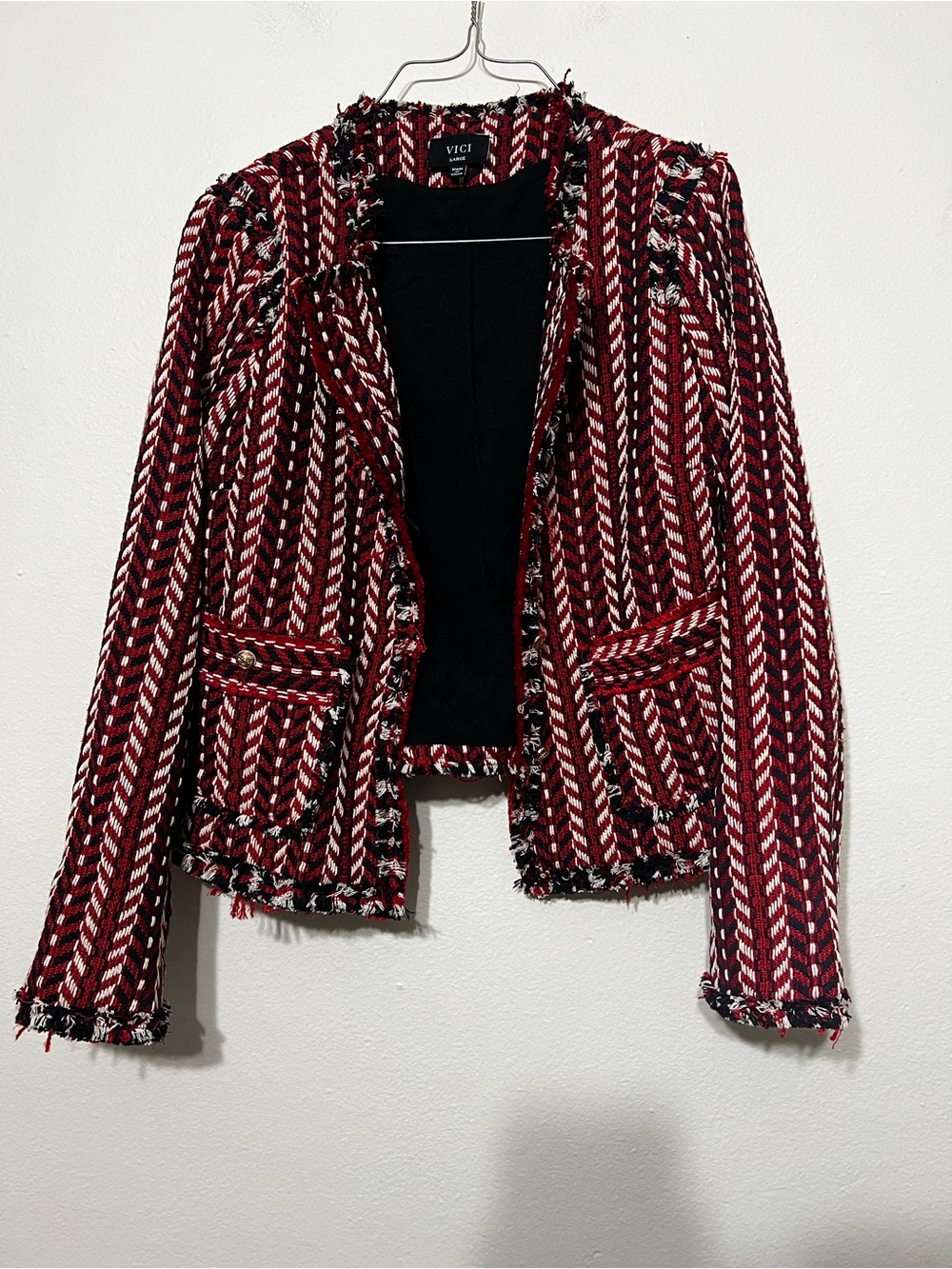 Vici Red, Black, and White Faux Tweed Cropped Blazer Jacket Size Large
